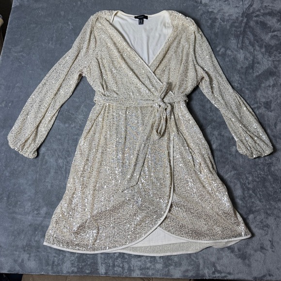 Forever 21 Dresses & Skirts - Forever 21 Plus Sequin Wrap Dress 3X Gold Champagne Long Sleeve Mini Party